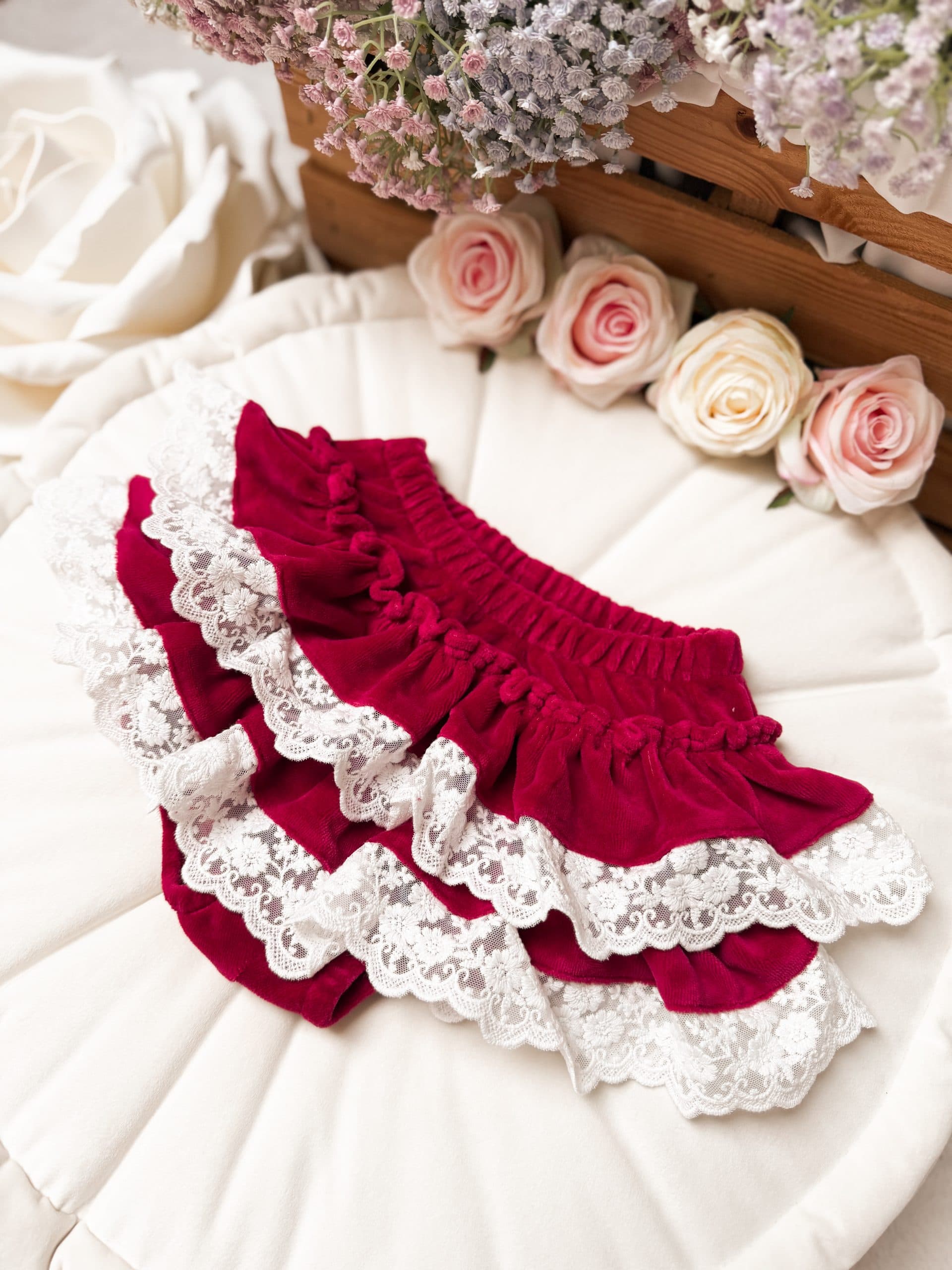 Eleganckie bloomersy welurowe Bordeaux